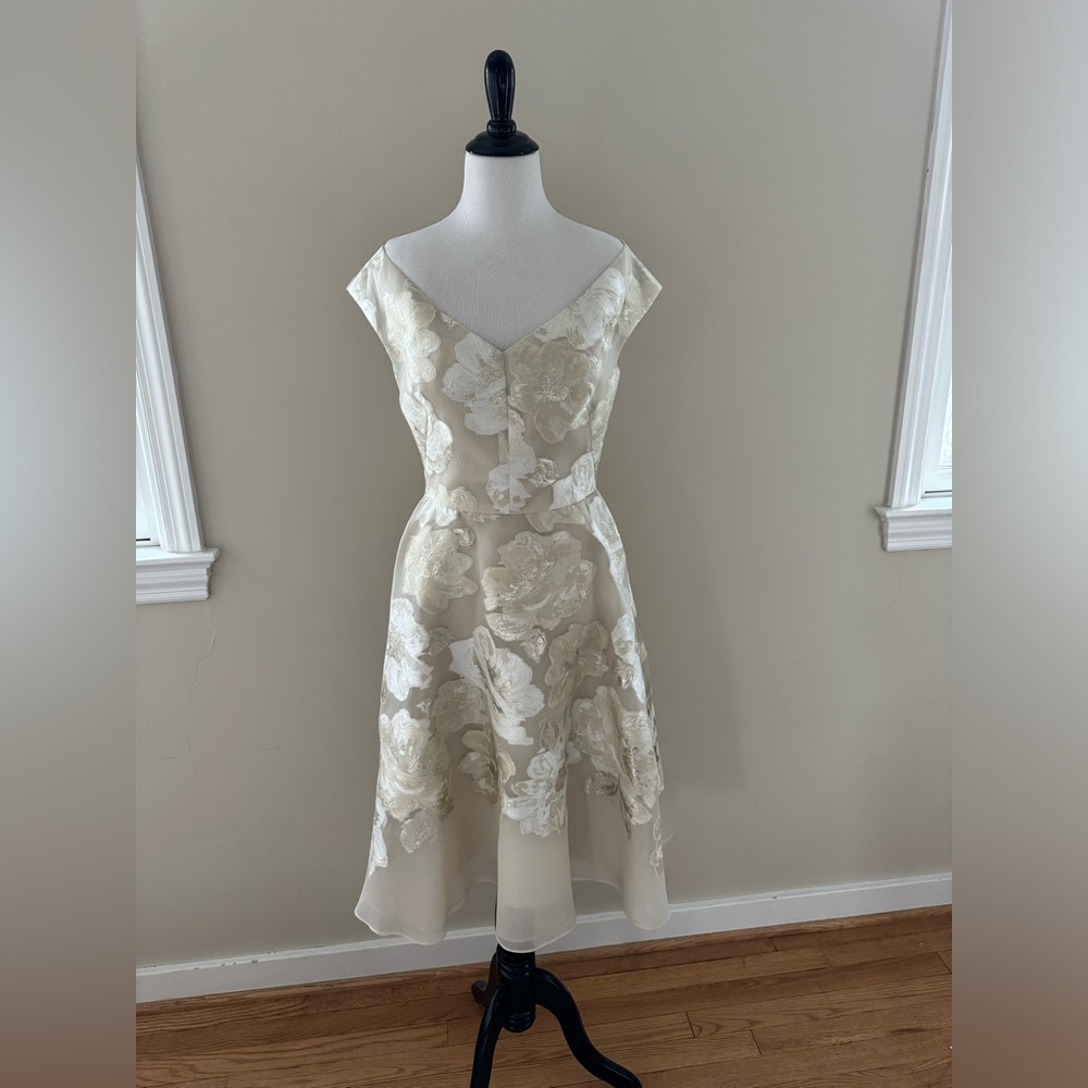 Lela Rose Ivory Off-Shoulder V-Neck Metallic Fil Coupe Floral Dress NWT – Size 4